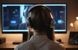 Back view of young female gamer in headphones playing online video games at home