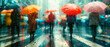a rainy urban street scene with anonymous pedestrians huddled under umbrellas as they cross the crosswalk, their identities obscured by the falling rain
