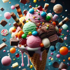 Delicious waffle cone with different favor ice creams sundae. Flying candies and sweets with colorful ice cream scoops in cone, bright background