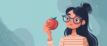 A Girl With Glasses Is Happily Holding An Apple, Showcasing A Plantbased Gesture. The Scene Resembles A Fictional Character In A Treelined Setting, Evoking A Sense Of Art And Mystery