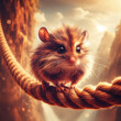 An adorable fluffy rodent with big eyes on a suspended rope bridge