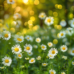 Wall Mural - background with green bokeh an white magerite flowers
