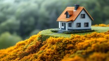 A Small House Sitting On Top Of A Lush Green Hillside Covered In Yellow And Orange Flowers On A Foggy Day.