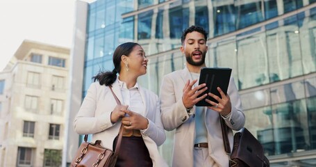 Poster - Business man, woman and tablet in city on commute to work with discussion, chat and walking with app. People, staff and employees with digital touchscreen, bag and advice on travel in metro street