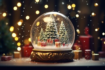 Wall Mural - Seasonal charm captured in a snow globe, Christmas tree and snow-covered gift boxes