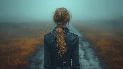 Wall Mural - a woman standing on a dirt road in the middle of a field with a long ponytail in the middle of her hair.