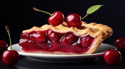 Wall Mural - Sweet delight: a slice of cherry pie filled with red cherries, delicious and ready to eat.