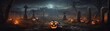 Eerie ambiance: Halloween cemetery background with tombstones, carved pumpkins, fog, and a full moon, evoking fear and excitement.