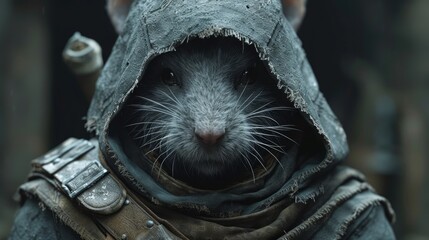 a rat in a medieval outfit with a hood on it's head and a knife in its mouth, standing in front of a forest.