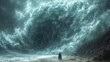 a person standing on a beach in front of a giant wave in the ocean with a man standing in the middle of the ocean.