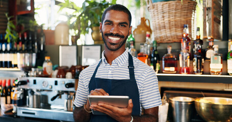 Sticker - Tablet, black man and bartender smile for restaurant sales, alcohol service or career vocation. Portrait, job experience and African business owner with pride in drinks trade, supply chain or startup