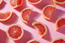 Pattern Of Fresh Sliced Grapefruits On Pink Background