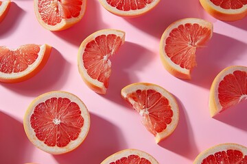 Pattern of fresh sliced grapefruits on pink background