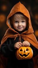 Wall Mural - Cute trick: a boy in an orange hooded cape clutching a Halloween pumpkin.