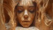 a wooden sculpture of a woman's face with her eyes closed and her head resting on a piece of wood.