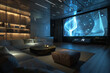 A modern entertainment room featuring AI-controlled multimedia systems, with immersive 3D audio and video projections creating a personalized cinematic experience.