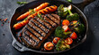 Savory American Cuisine: A Delicious Grilled Beef Steak with Tender Vegetables in a Cast Iron Pan - An Enticing Culinary Experience