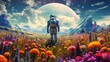 An astronaut exploring a floral-covered planet in space, blending the realms of cosmos and nature in a captivating field of imagination.