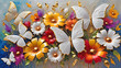 bright colorful flowers and white with gold butterflies painted with oil paint