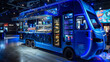 A sapphire blue food truck at an esports tournament, its interior equipped with high-tech snack vending machines and energy drink dispensers. The truck's futuristic design 