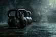 Functional Fitness Equipment: Kettlebells on Dark Gym Interior Background with Copy Space for Physical Exercise
