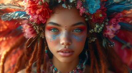 a close up of a woman with blue and red makeup and feathers on her head and a flower crown on her head.