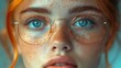 a close up of a woman with freckles of freckles on her face and eyeglasses.