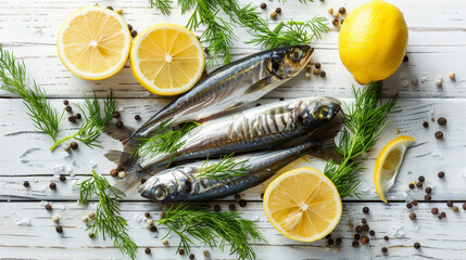Wall Mural - fresh fish and lemon on wooden background