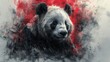 a painting of a black and white panda bear with red paint splatters on it's face and neck.