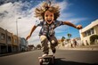 little boy riding a skateboard, mid-air with a big smile, the energy and thrill of the moment frozen in time
