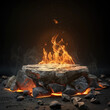 A primordial scene with a ring of rocks encircling a fierce, crackling fire, set against a dark, shadowy backdrop.	
