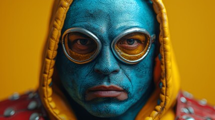 a close up of a person wearing a blue and yellow outfit and a pair of goggles on their face.