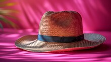 A Straw Hat With A Blue Ribbon Around The Brim And A Blue Ribbon Around The Brim On A Pink Background.
