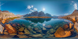 Fototapeta  - Spherical 360 degrees seamless panorama view in equirectangular projection, natural landscape of a lake with the sun reflecting on the transparent waters with a beautiful mountain panorama ahead