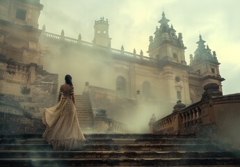 Wall Mural - a woman in a long dress standing on a set of stairs in a foggy area