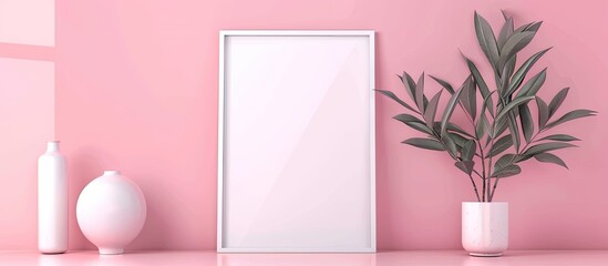 Poster - In the room, there is a rectangular pink picture frame next to a terrestrial plant with magenta and violet tints, bringing a touch of peach to the houseplant event