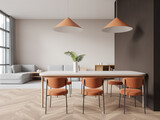 Fototapeta  - White and brown dining room and living room interior