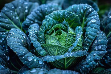 Wall Mural - Cabbage with dew drops after the rain. Natural background. Generative AI.