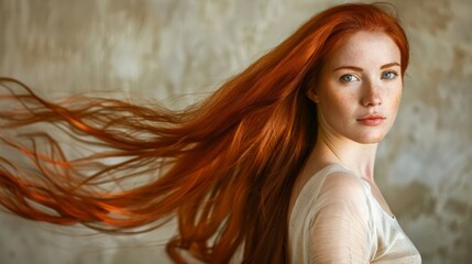 Wall Mural - Beauty portrait of mystery ginger woman with long hair looking away while holding cosmetics brush over cream background