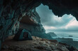 Dark night stormy weather. Cave on a high cliff and tent. Scenery seen from inside the cave. Generative AI