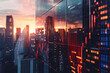 Sunset cityscape with reflections on glass skyscrapers