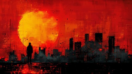 Wall Mural - Lonely Watcher at Dystopian Sunset