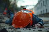 Fototapeta  - Construction worker lying on ground with orange helmet foreground
