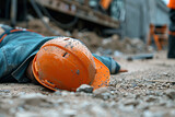 Fototapeta  - Fallen construction worker on the ground with a hard hat nearby