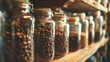 Glass jars filled with coffee beans on shelves