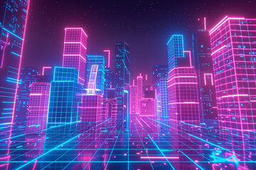 Wall Mural - Neon cyberpunk cityscape with glowing buildings and grid floor