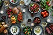 Delectable European cuisine spread, overhead view of elegant dinner party table setting, gourmet food photography