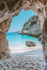 Wall Mural - a cave with a beach and a rock formation with a beach in the background