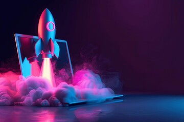 Wall Mural -  Startup rocket launching from laptop screen, successful business launch and growth concept, 3D illustration with neon lights