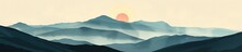 Creative Minimalist Hand Painted Illustrations Of Mid Century Modern. Natural Abstract Landscape Background. Mountain, Forest, Sea, Sky, Sun And River. AI Generated Illustration